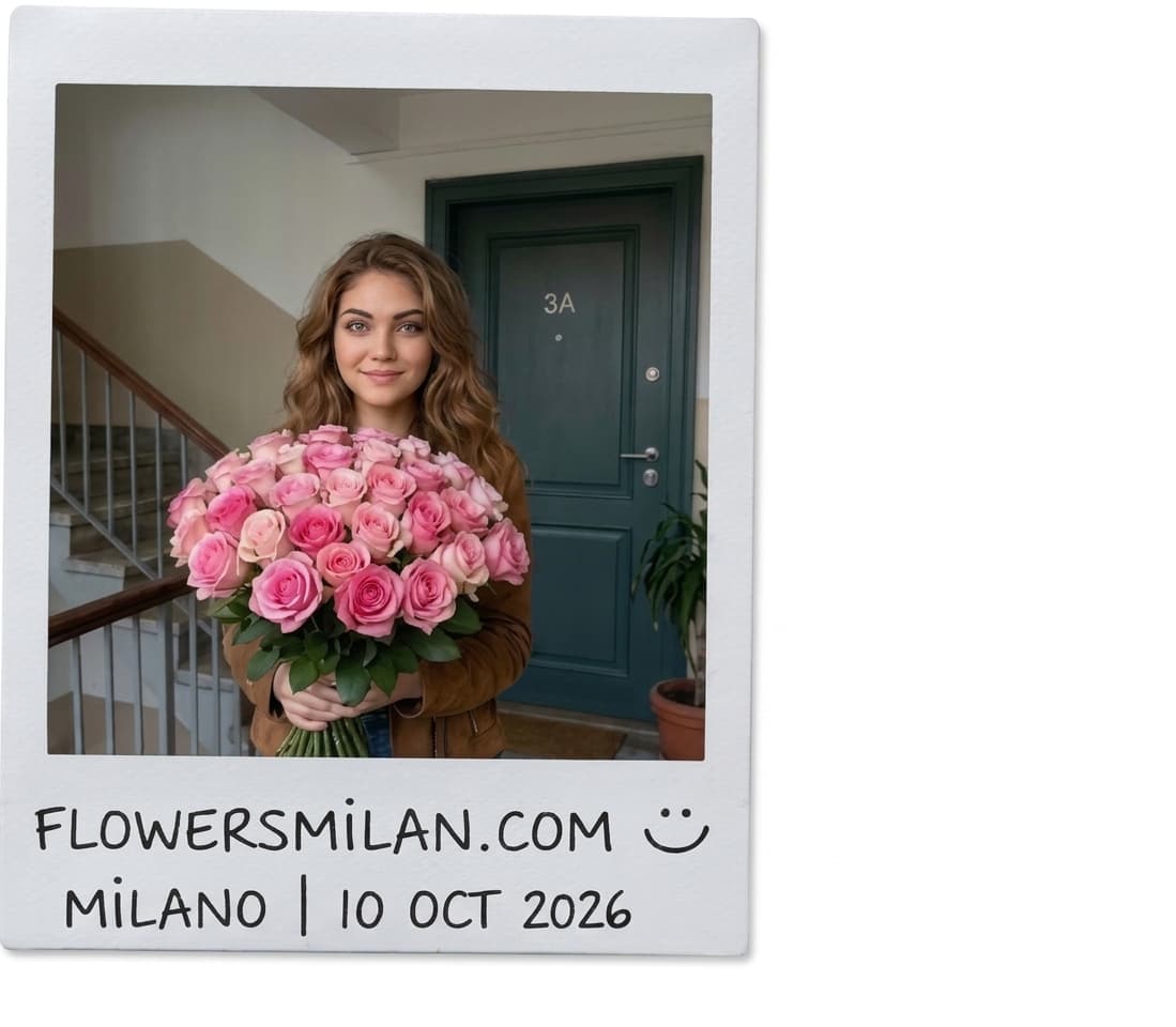 Example Polaroid-style keepsake of pink roses with a handwritten date